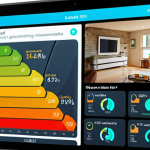 A smart home dashboard displaying real-time energy consumption data from various IoT sensors, with AI-powered recommendations for personalized energy saving tips. The scene should convey a sense of technological sophistication and eco-consciousness.